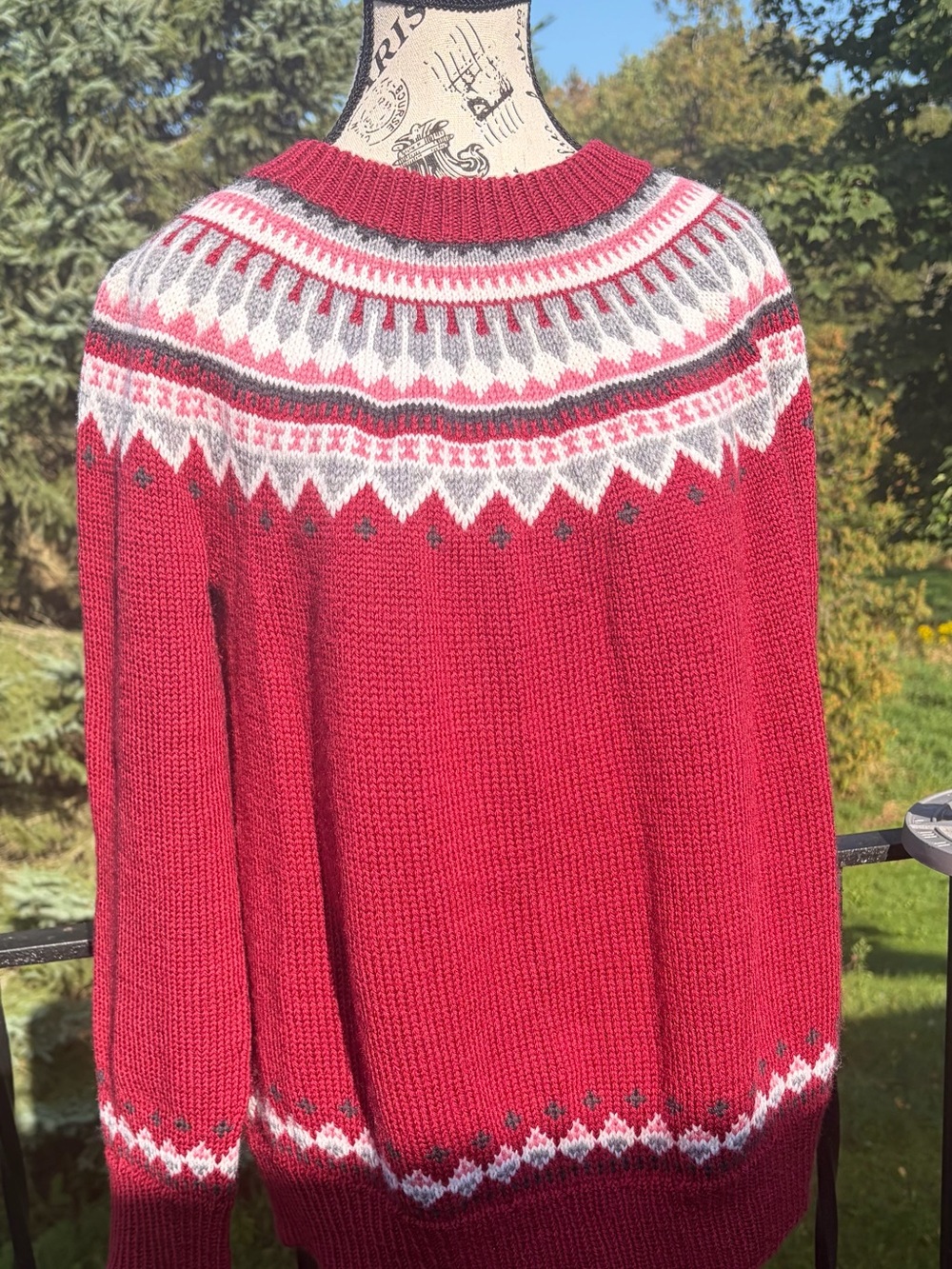 Nonia Size L Burgundy Fair Isle Wool Crewneck Sweater EUC Handmade in Canada